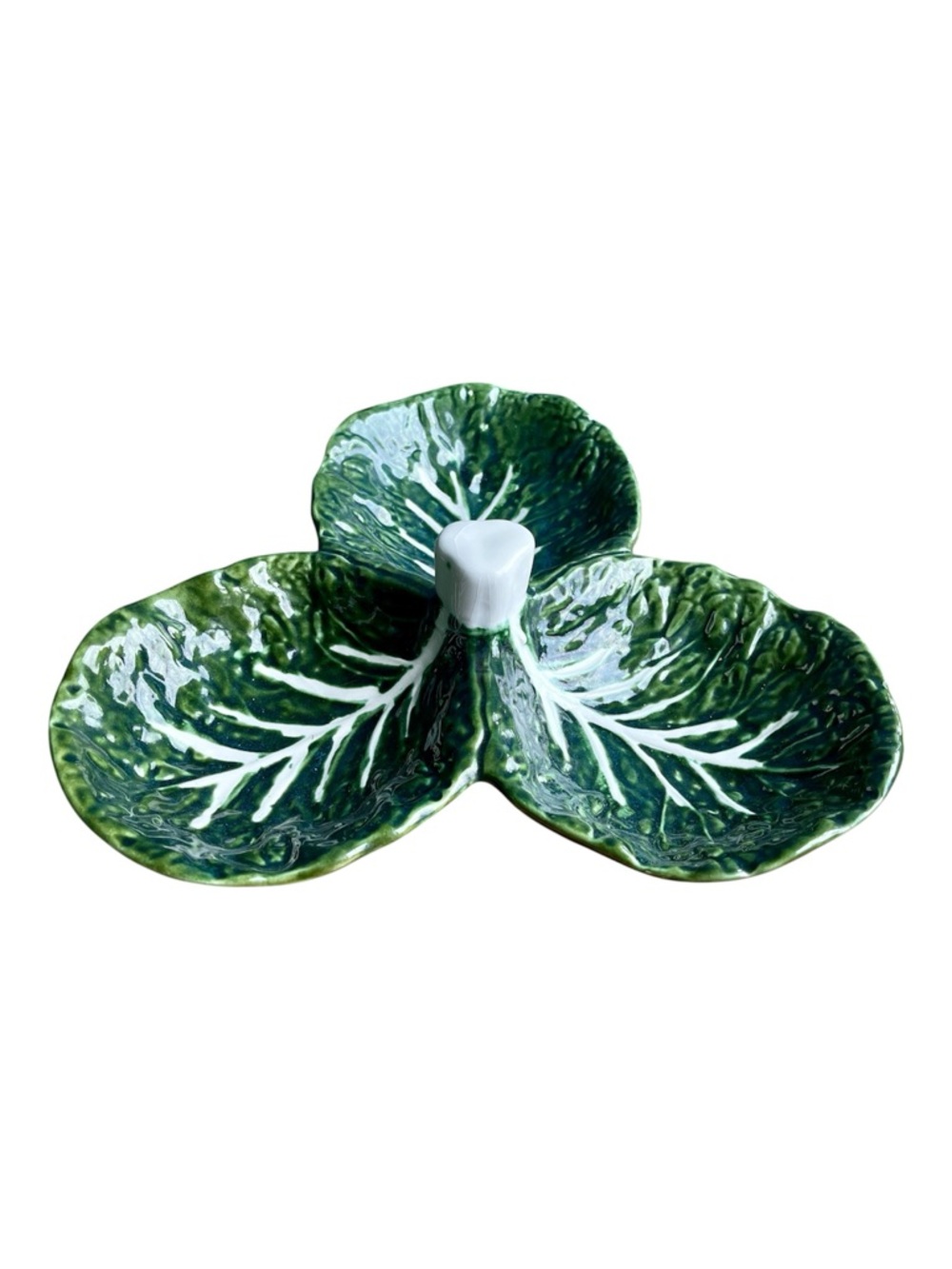 Vintage Faiancas Belo Majolica Cabbage Leaf Divided Ceramic Serving Dish